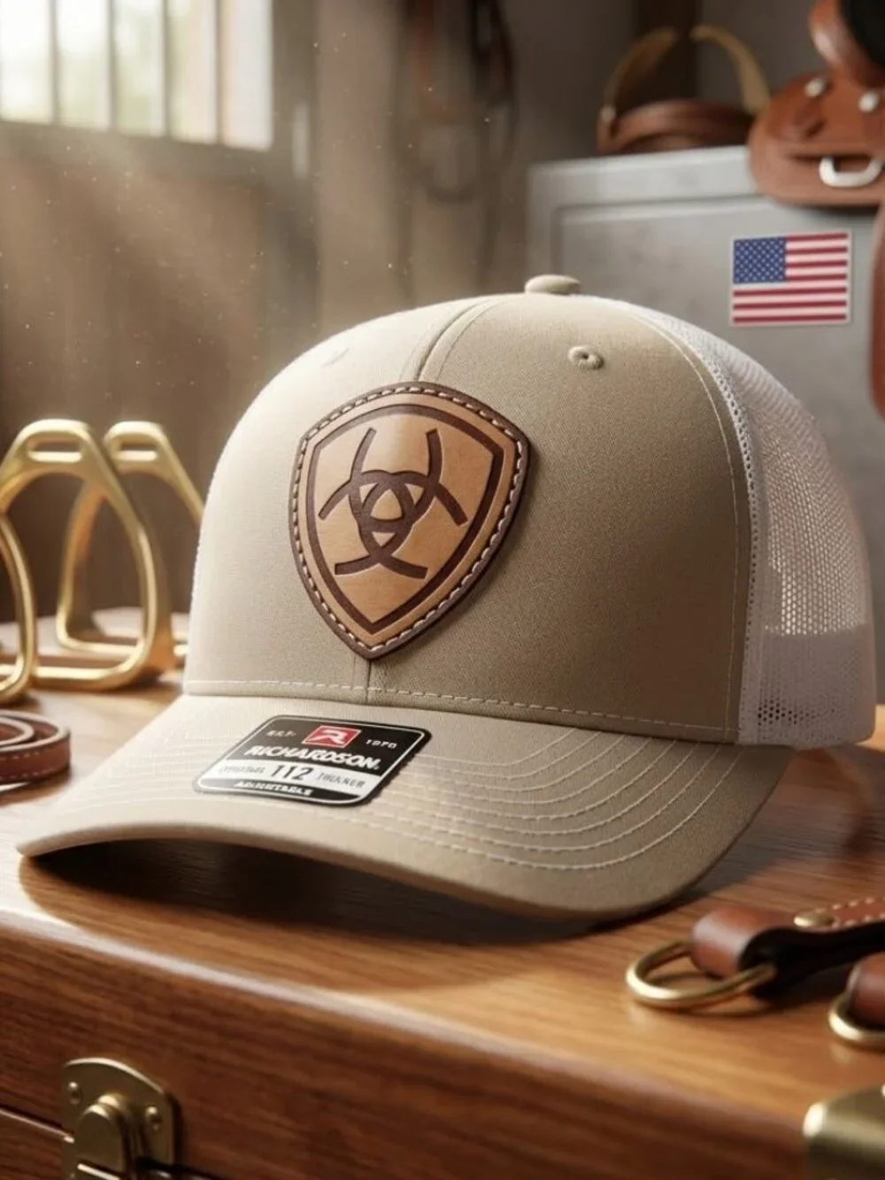Western Shield Leather Patch Khaki White Richardson 112 Trucker Hat Cap New Aria